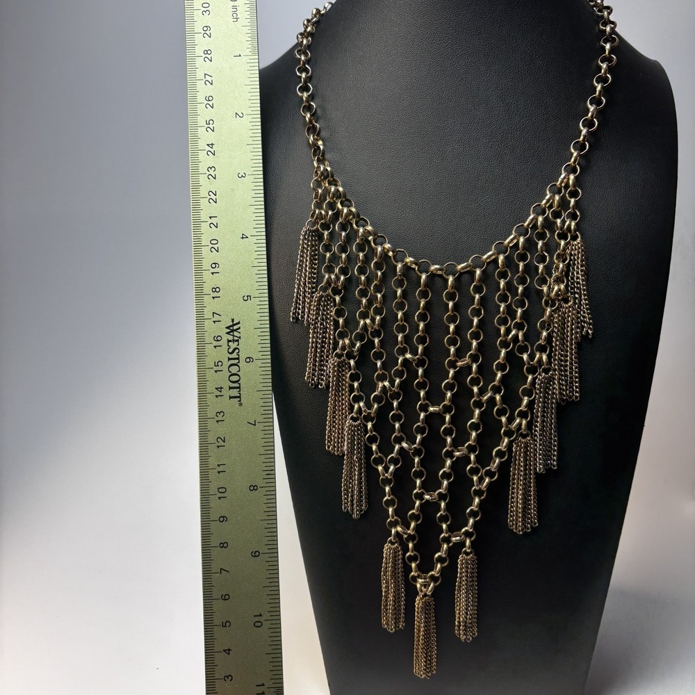 Bib Necklace Gold Tone Draped Chain Tassel Statement Boho Fringe Jewelry - Picture 8 of 9
